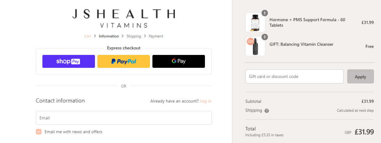 JSHealth discount code box on the checkout page