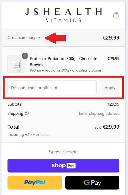 Checkout-Screenshot mit Eingabefeld für einen JSHealth Gutschein