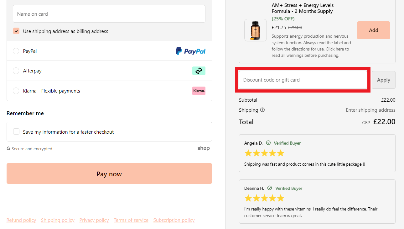 JSHealth Vitamins discount code redemption area on website