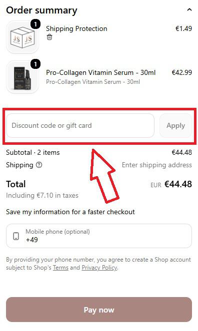 Screenshot vom Eingabefeld mit Hinweis darauf, wo du deinen JSHealth Vitamins Gutschein einlösen kannst