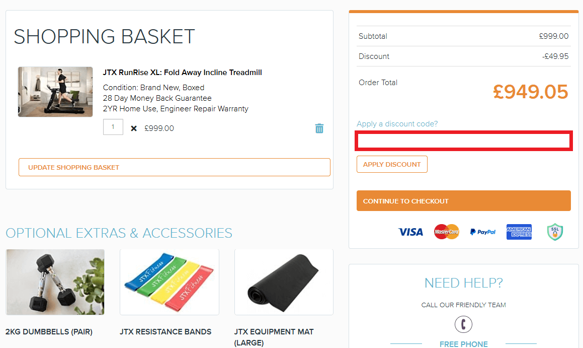 JTX Fitness discount code box in shopping basket