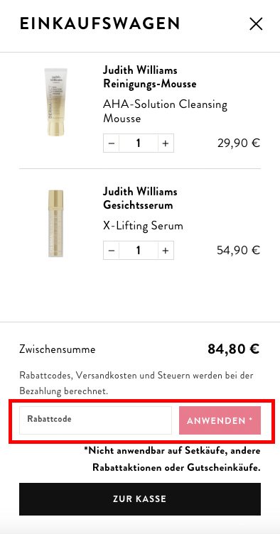Eingabefeld für den Judith Williams Gutschein im Online Shop