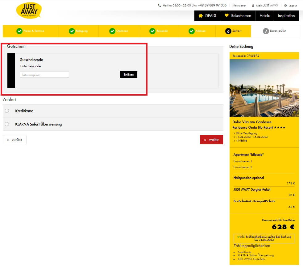 Screenshot aus dem Buchungsprozess mit Eingabefeld für einen JUST AWAY Gutschein