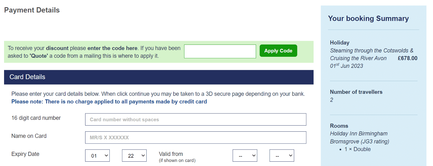 Screenshot of the Just Go Holidays discount code application box on the payment page of the booking process
