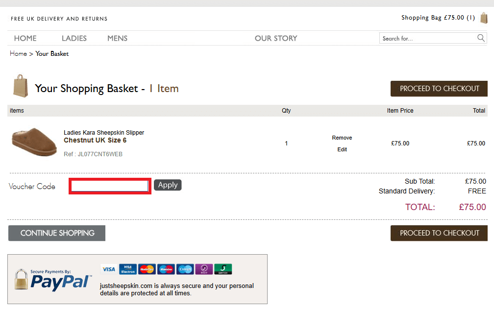 Just Sheepskin discount code basket screenshot