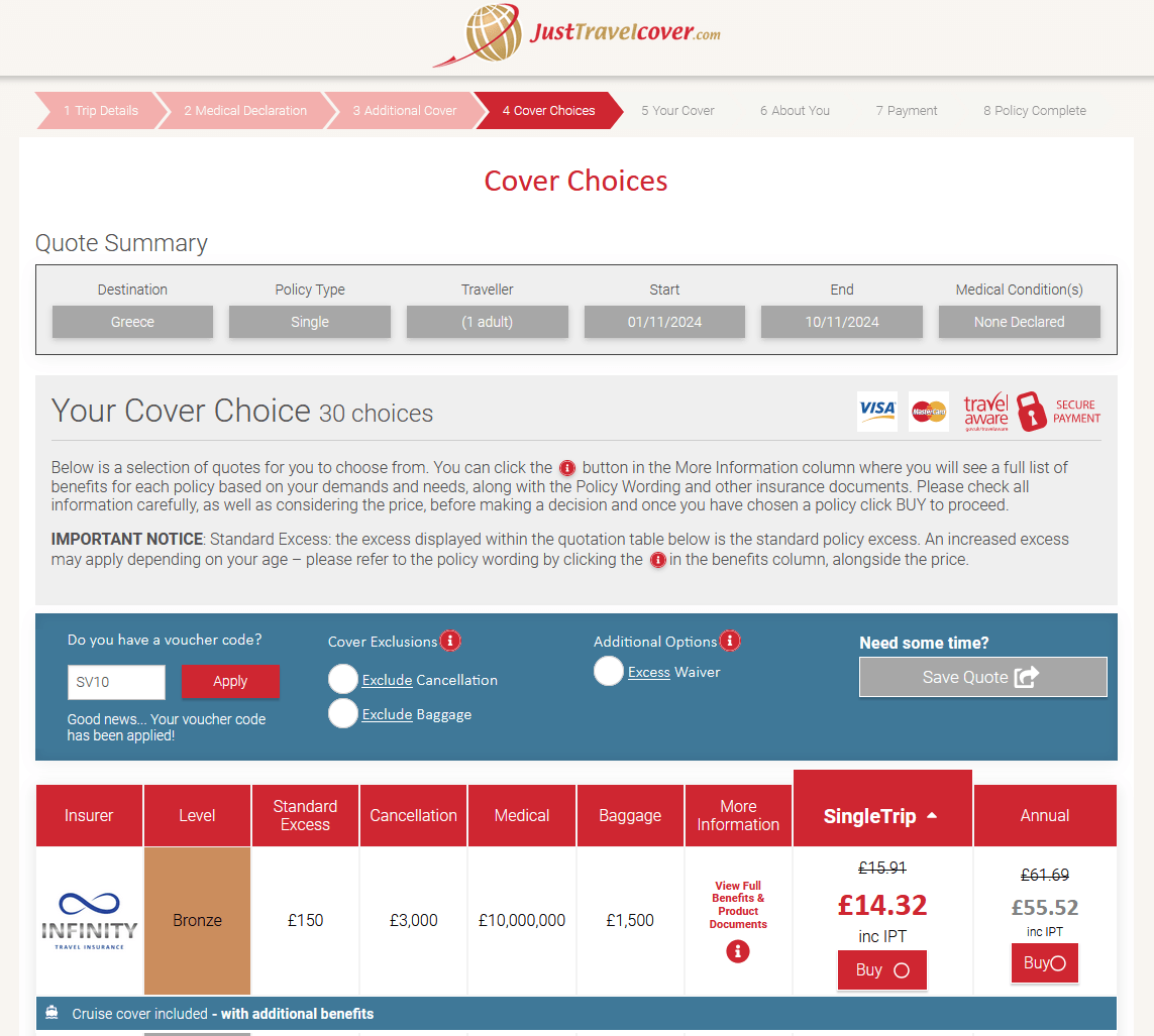 Screenshot of the Just Travel Cover voucher code application box on the Cover Choices screen