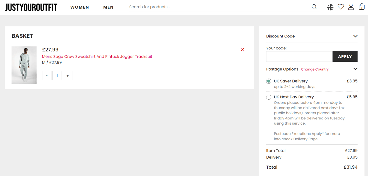 justyouroutfit discount code box in shopping basket image