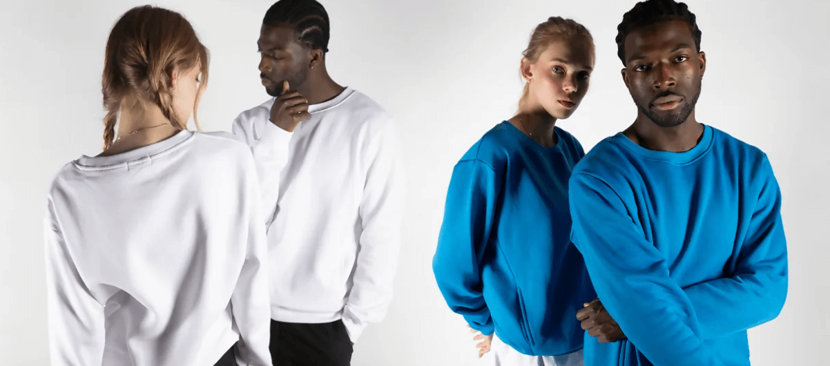 justyouroutfit page savings guide image. Banner showing 2 images of the same man and woman wearing white sweatshirts on the left and blue ones on the right