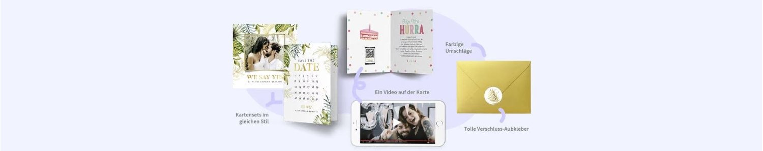 Banner für die Send a Smile bzw. Kaartje2go-Gutscheinseite mit Karten und Hinweisen auf folgende Extras: Video auf der Karte, farbige Umschläge und tolle Verschlussaufkleber