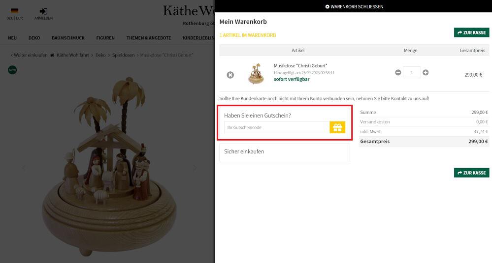 Screenshot aus dem Warenkorb mit Hinweis darauf, wo man den Käthe Wohlfahrt Gutschein einlösen kann