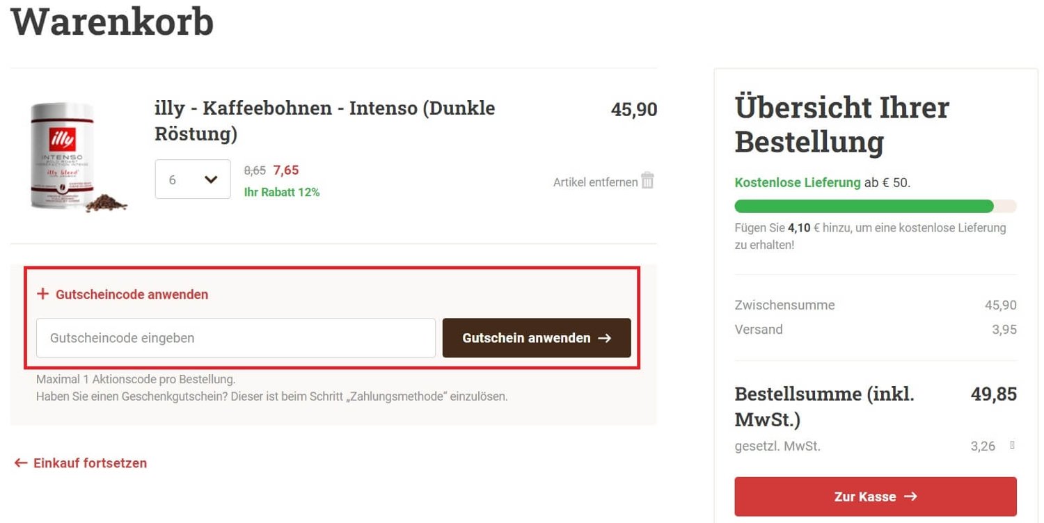 Einlösen von einem Kaffeevorteil-Gutschein im Warenkorb bei Cafori