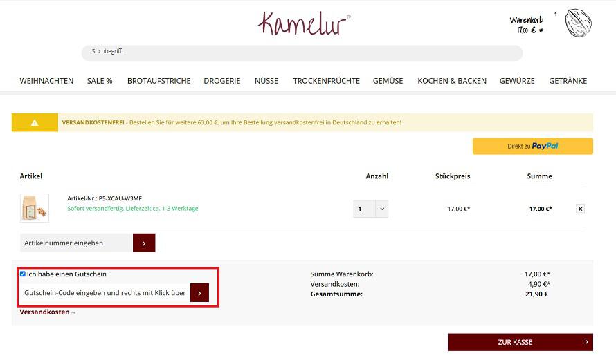 img: kamelur-gutschein-einloesen / alt: Screenshot aus dem Warenkorb mit Hinweis darauf, wie du den Kamelur Gutschein einlösen kannst.