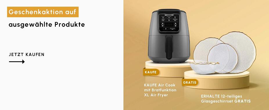Karaca Air Cook mit Glasgeschirrset als Geschenk in der Karaca Geschenkaktion vor weiß goldenem Hintergrund.
