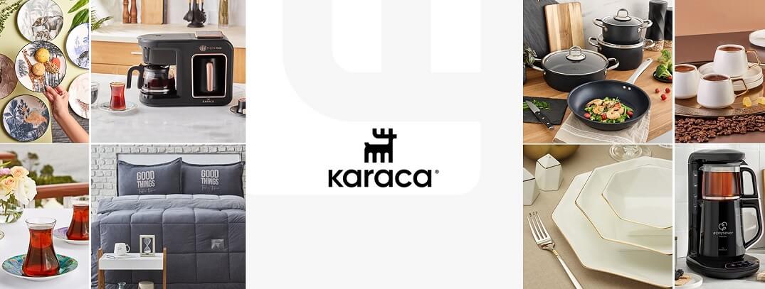 Banner für die Karaca Gutscheinseite: Küchenhelfer- und Wohnaccessoire-Auswahl mit Firmenlogo in der Mitte