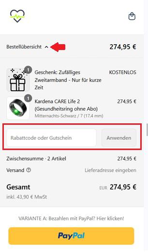 Warenkorb-Screenshot mit Markierung um das Eingabefeld für einen Kardena Gutschein