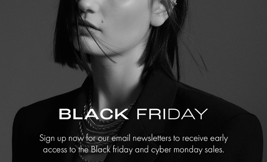 Karen Millen Black Friday banner showing a sign up message with balck and white image of a woman behind