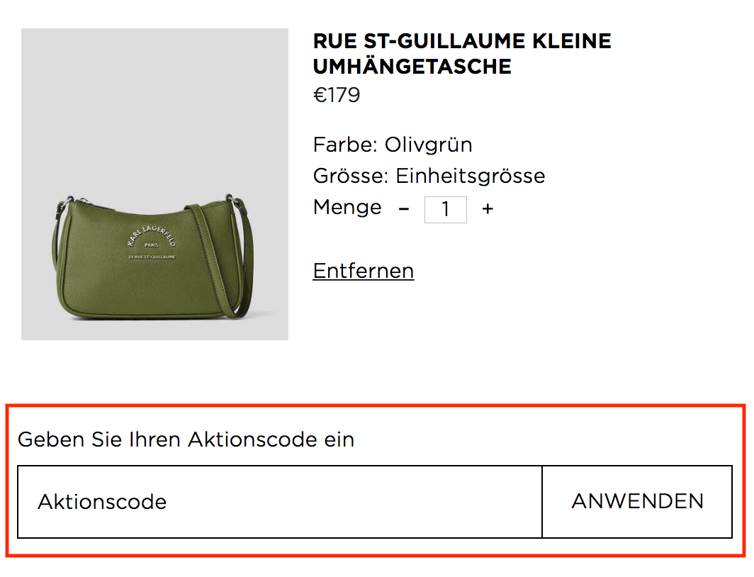 Eingabefeld für den Karl Lagerfeld Gutschein im Warenkorb