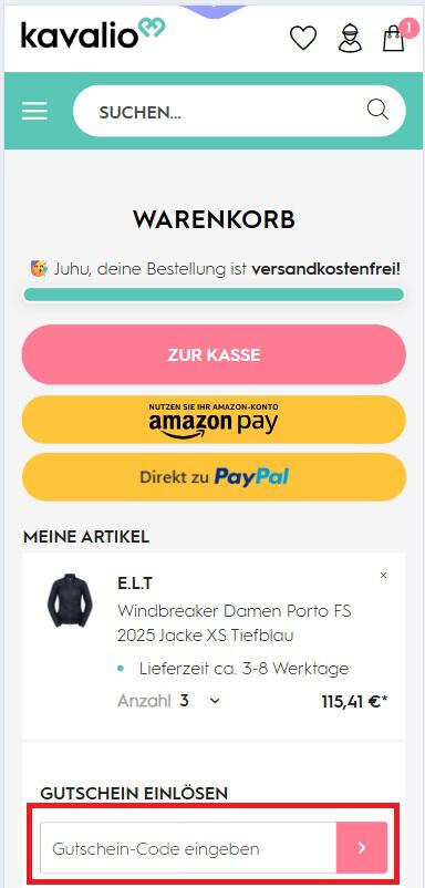 Eingabefeld für einen Kavalio Gutscheincode in der Warenkorbansicht