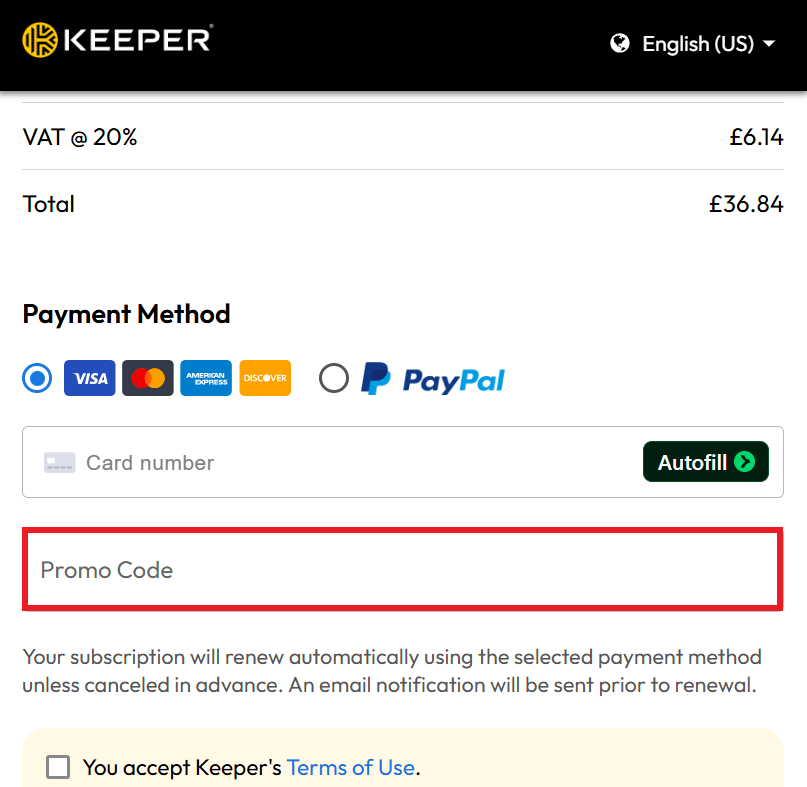 Keeper discount code box during checkout