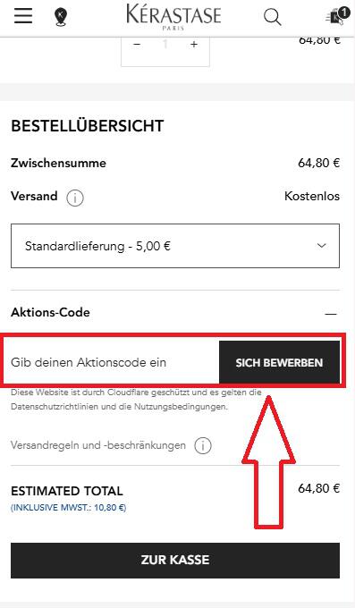 Screenshot vom Eingabefeld mit Hinweis darauf, wo du den Kérastase Gutschein einlösen kannst