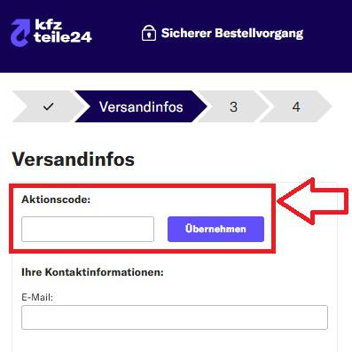 Screenshot vom Eingabefeld mit Hinweis darauf, wo du den Kfzteile24 Gutschein einlösen kannst