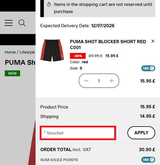 KICKZ discount code box in shopping basket image