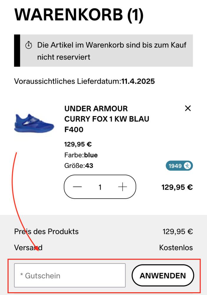 Warenkorb-Screenshot mit Eingabefeld für Kickz Gutschein