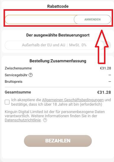Eingabefeld zum Kinguin Rabattcode einlösen im Warenkorb