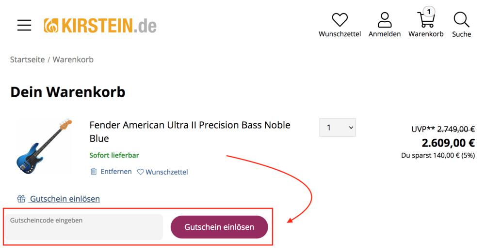 Warenkorb-Screenshot mit Eingabefeld für deinen Kirstein Gutschein