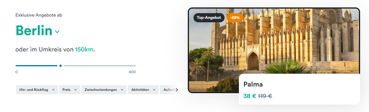 Kiwi.com-Angebot für eine Reise nach Palma mit 68 Prozent Rabatt