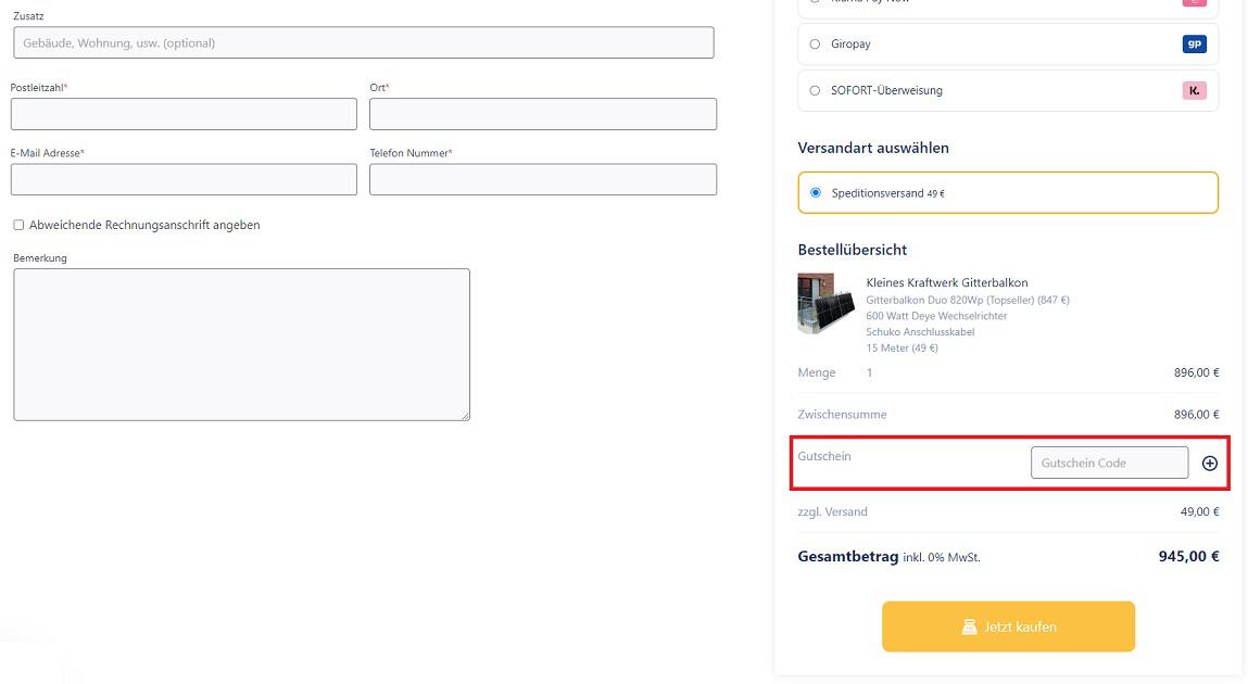 Screenshot aus dem Warenkorb mit Eingabefeld für den Kleines Kraftwerk Gutschein