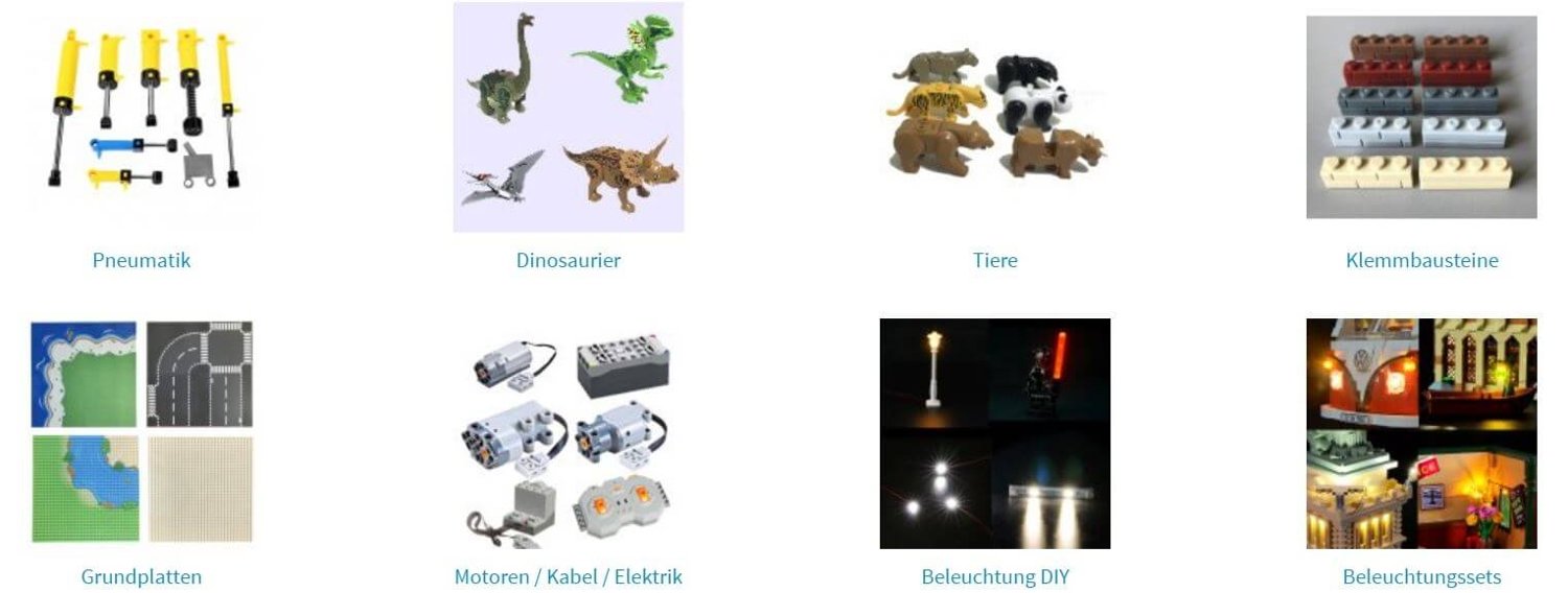 Das Klemmshop-Angebot im Online-Shop: Pneumatik, Dinosaurier, Tiere, Klemmbausteine, Grundplatten, Motoren, Kabel und Elektrik, DIY Beleuchtung und Beleuchtungs-Sets