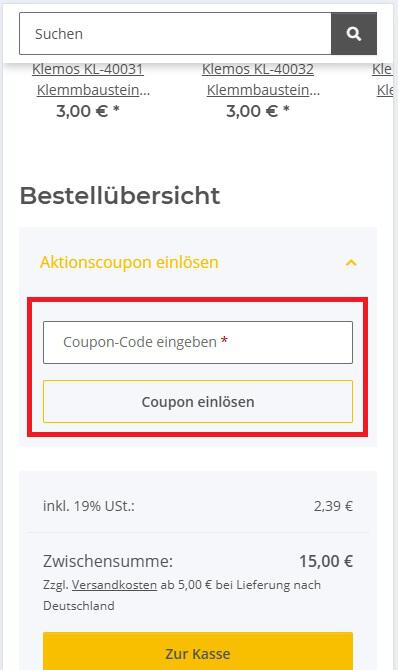 Warenkorbansicht mit Eingabefeld für einen Klemmshop Coupon-Code