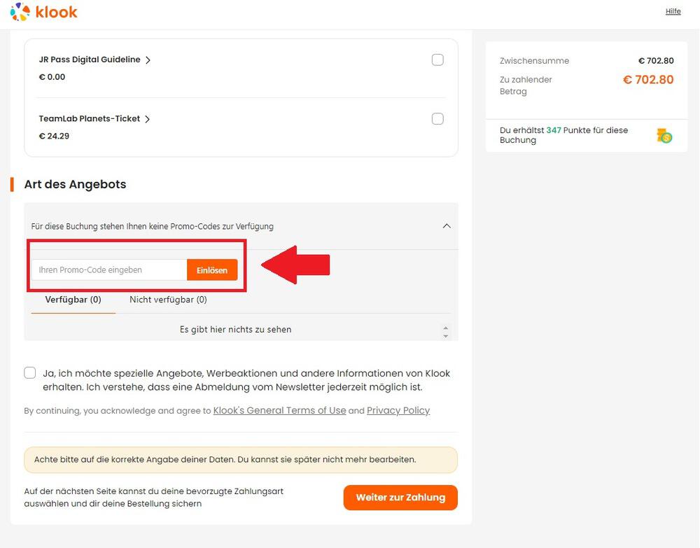 Eingabefeld für einen Klook Gutschein beim Bestellvorgang