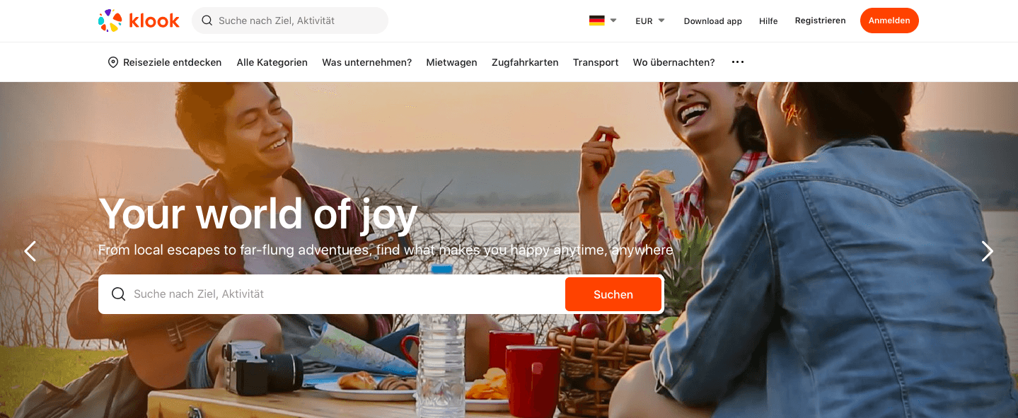 Startseite des Online-Shops von Klook