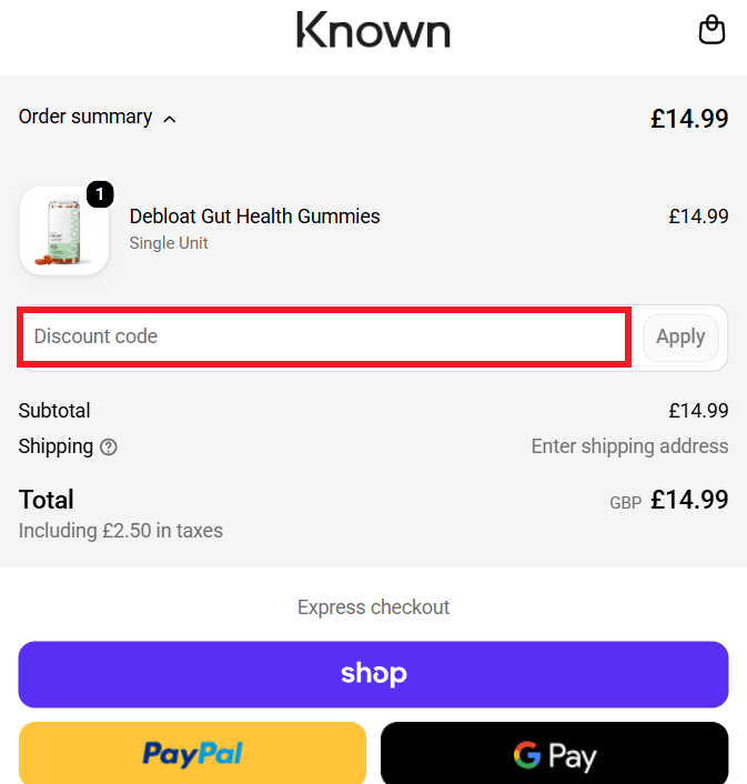 Known Nutrition discount code redemption box in shopping basket image