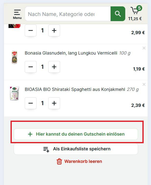 Warenkorb-Screenshot mit Eingabefeld für einen Knuspr Gutschein