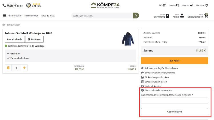 img: koempf24-gutschein-einloesen / alt: Screenshot aus dem Warenkorb mit Hinweis darauf, wie du den Kömpf24 Gutschein einlösen kannst.
