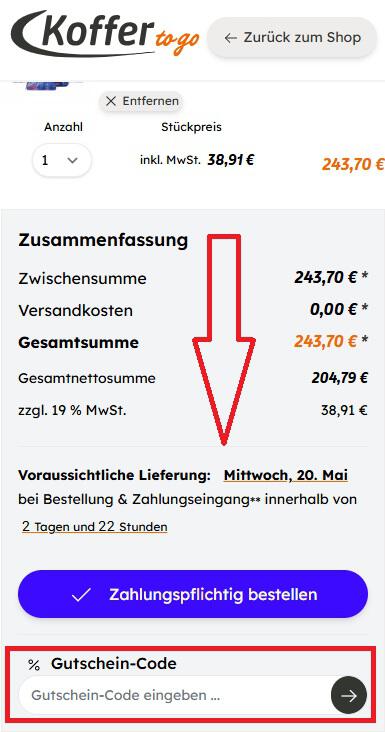 Screenshot vom Eingabefeld mit Hinweis darauf, wo du den Koffer-to-go Gutschein einlösen kannst