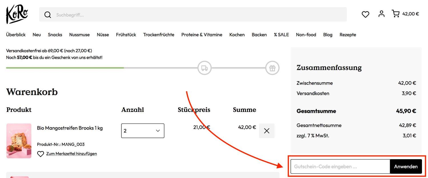 Warenkorb-Screenshot mit Eingabefeld für deinen KoRo Gutschein