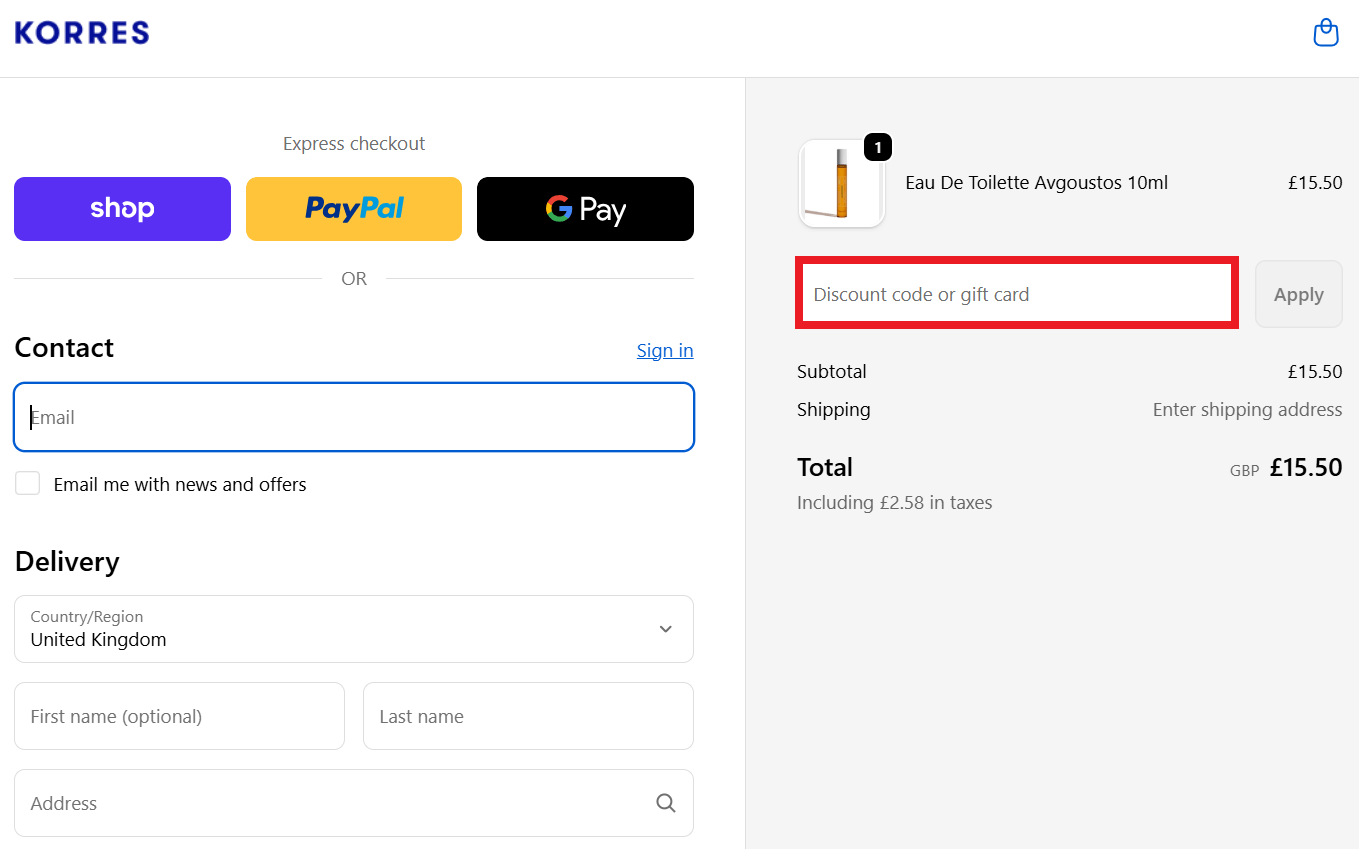 KORRES discount code box on the checkout page picture