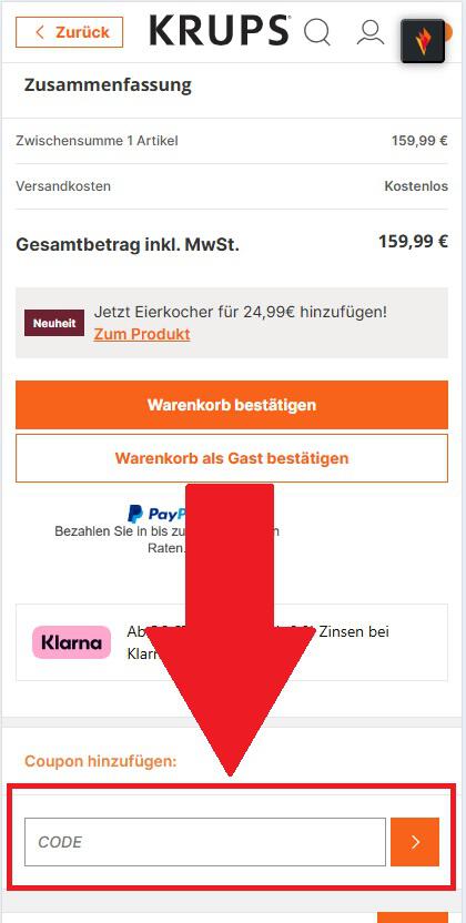 Eingabefeld für den KRUPS Gutschein im Warenkorb