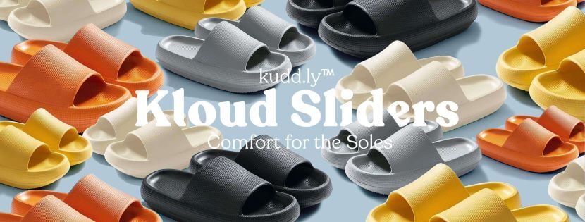 Kudd.ly Kloud Sliders in grey, yellow, orange, black, and white. Text reads: Kloud Sliders: Comfort for the Soles