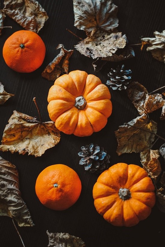 Herbstliche Dekoration mit Halloween Kürbis, Orangen und Blättern
