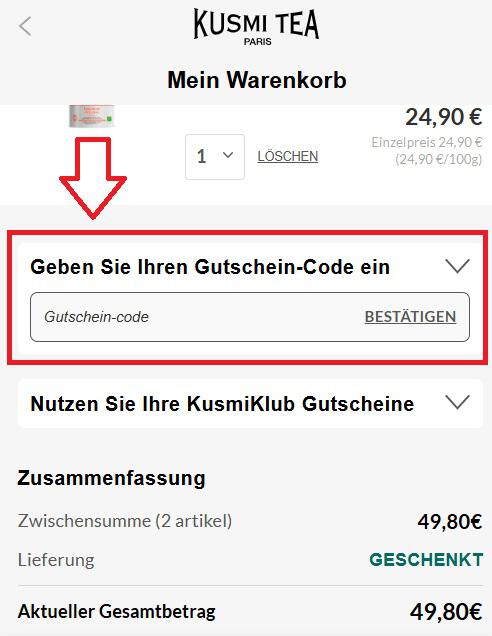 Eingabefeld für den Kusmi Tea Gutschein im Warenkorb