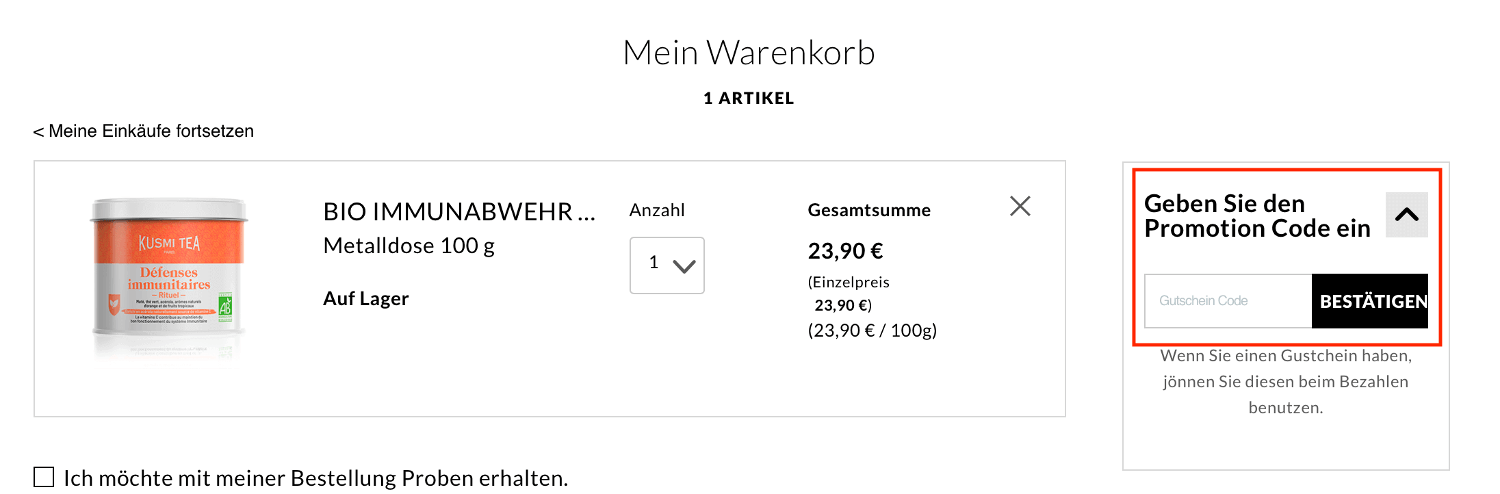 Eingabefeld für den Kusmi Tea Gutschein im Warenkorb