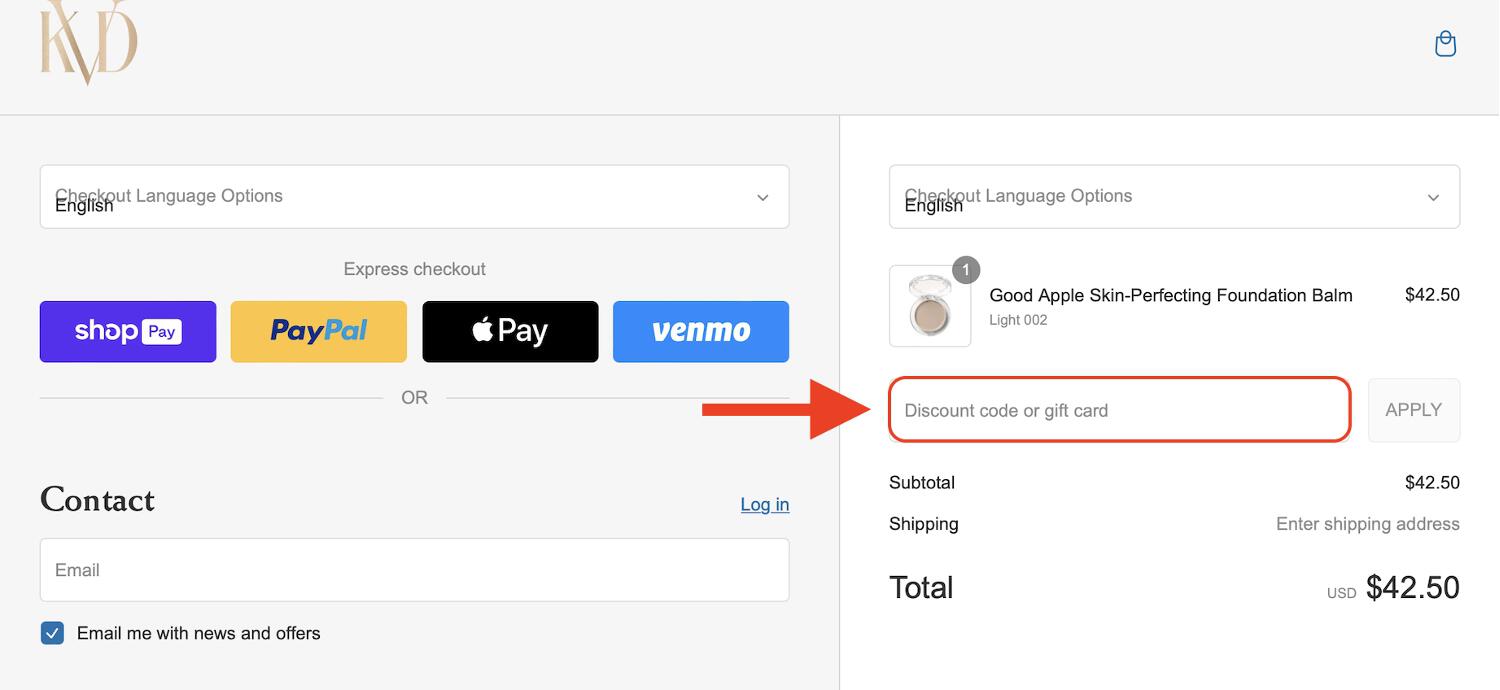 arrow pointing to kvd vegan beauty discount code box