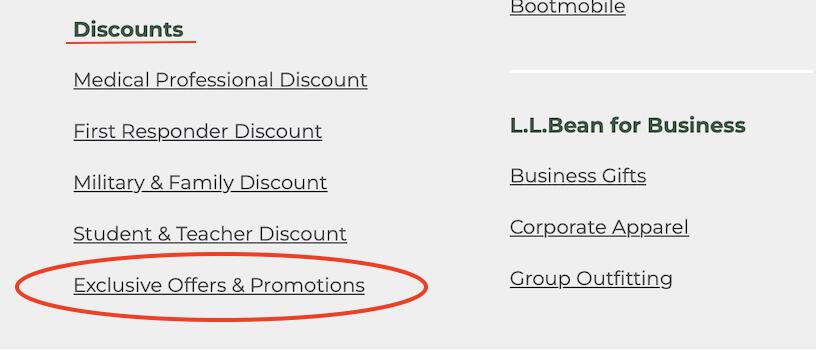 red circle around the l.l. bean exlusive offers and promotions tab