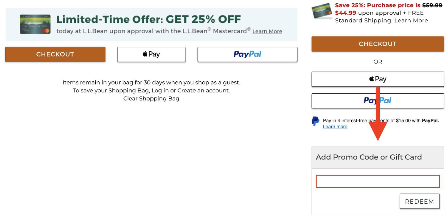 red arrow pointing down to l.l. bean promo code box