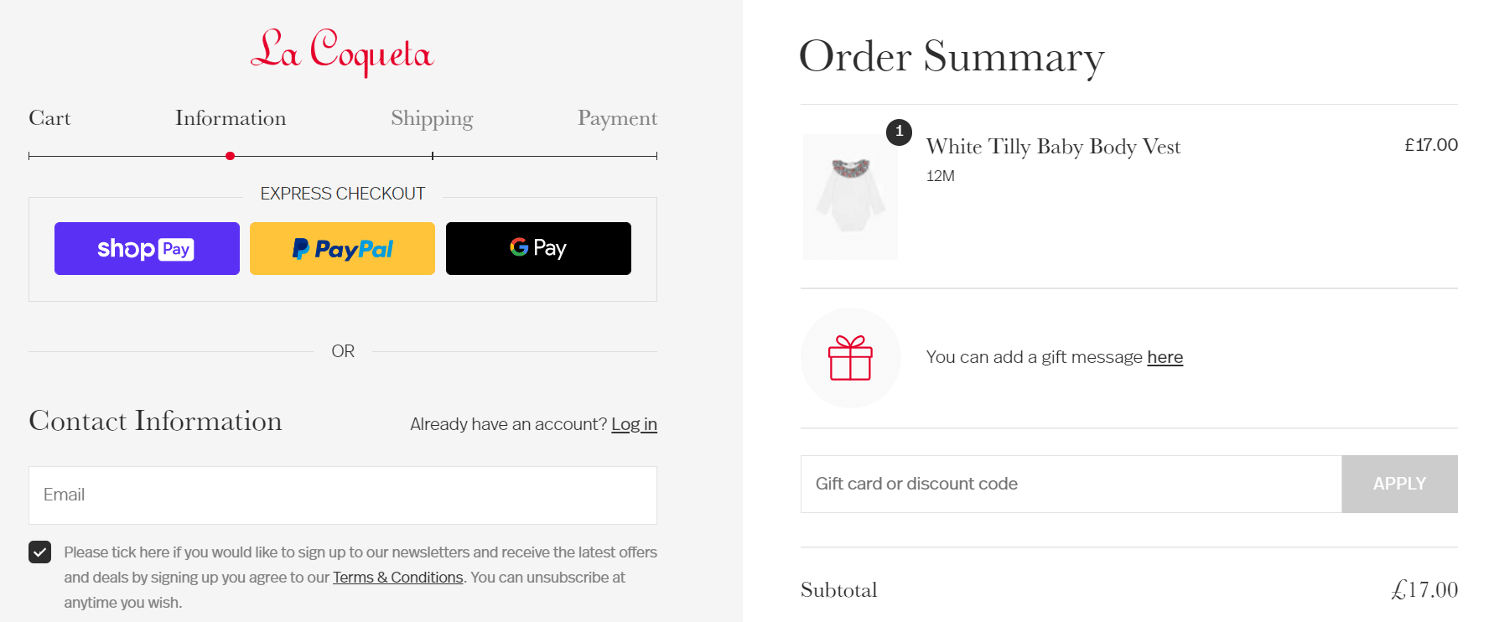 Screenshot of the La Coqueta discount code box on the website